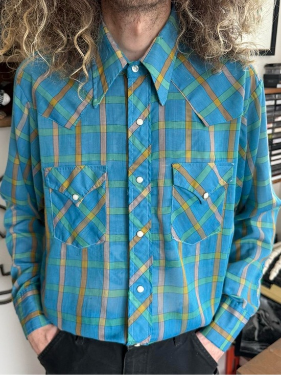 Ely Plains Other - 💀 SOLD 💀 Vintage 60s 70s Blue Plaid Pearl Snap Western Ely Plains ~ Size XL